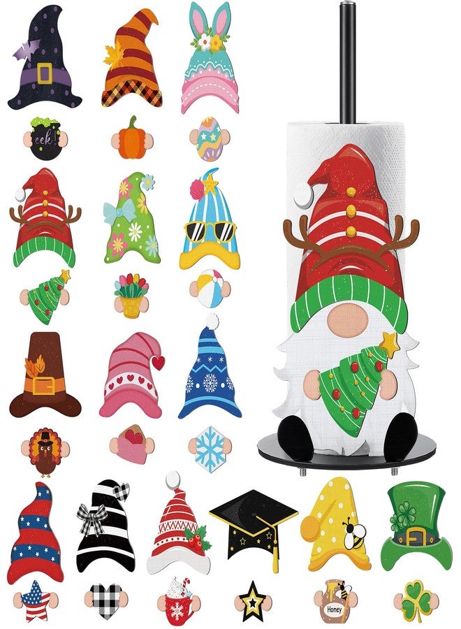 Otoolling Holiday Interchangeable Paper Towel Holder Countertop Gnome Metal Stand Towels Paper Holder with 15 Set Magnets Decoration Seasonal Kitchen Decor Kit for Indoor Accessories - Image 1